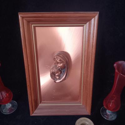 COPPER SCULPTED MADONNA AND CHILD, 3 BRASS BELLS AND VASES