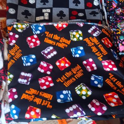 SEWING MATERIAL WITH ANTIQUE CIGAR BOXES AND GAMBLING THEMES