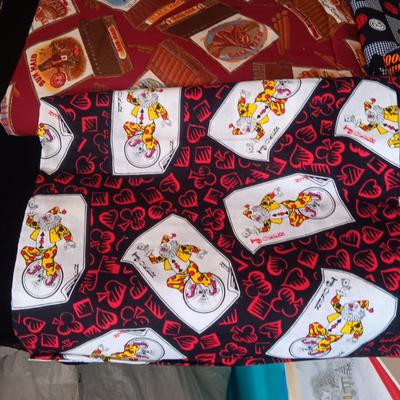 SEWING MATERIAL WITH ANTIQUE CIGAR BOXES AND GAMBLING THEMES