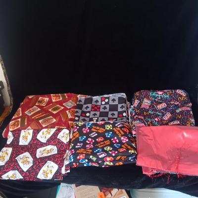 SEWING MATERIAL WITH ANTIQUE CIGAR BOXES AND GAMBLING THEMES
