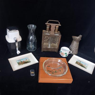 LIQUOR DECANTERS, ICE CRUSHER, MUSTACHE CUP, ZIPPO LIGHTER AND MORE