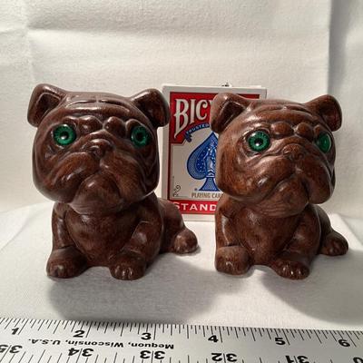 Pair of green eyed Ceramic bulldogs