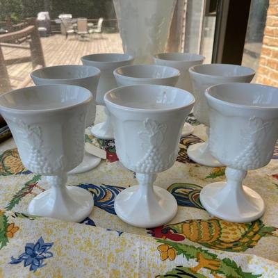 Vintage set of 8 Milk Glass Indiana Harvest Pedestal Footed Wine Goblets.