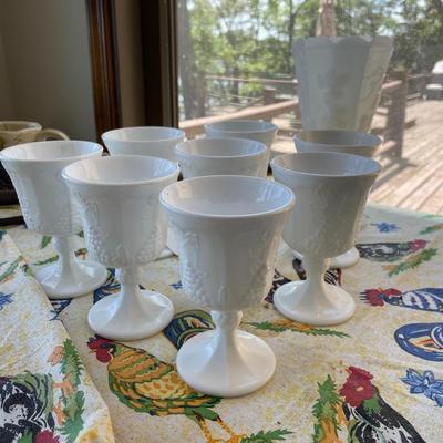 Vintage set of 8 Milk Glass Indiana Harvest Pedestal Footed Wine Goblets