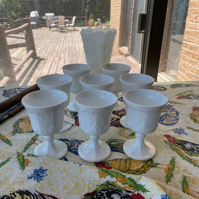 Vintage set of 8 Milk Glass Indiana Harvest Pedestal Footed Wine Goblets