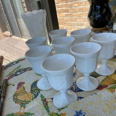 Vintage set of 8 Milk Glass Indiana Harvest Pedestal Footed Wine Goblets