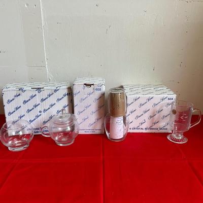 PRINCESS HOUSE 4 CRYSTAL MUGS, CARAFE & TUMBLER & CREAM/SUGAR SET
