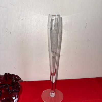 HAND PAINTED FENTON RUBY RED RUFFLED ROSE VASE/BOWL & CRYSTAL BUD VASE