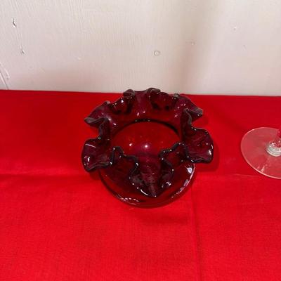 HAND PAINTED FENTON RUBY RED RUFFLED ROSE VASE/BOWL & CRYSTAL BUD VASE
