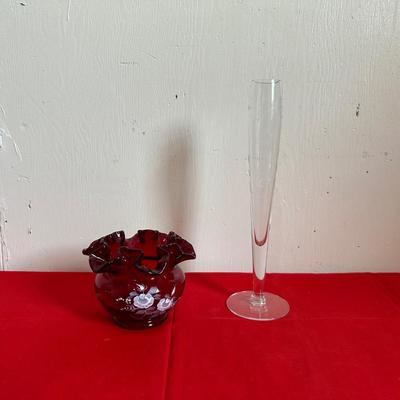 HAND PAINTED FENTON RUBY RED RUFFLED ROSE VASE/BOWL & CRYSTAL BUD VASE