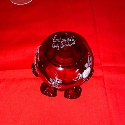 HAND PAINTED FENTON RUBY RED RUFFLED ROSE VASE/BOWL & CRYSTAL BUD VASE