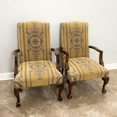 Pair (2) Mahogany Ball Clawfoot Upholstered Arm Chairs