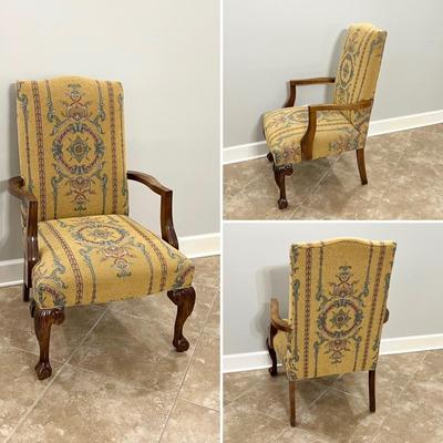 Pair (2) Mahogany Ball Clawfoot Upholstered Arm Chairs