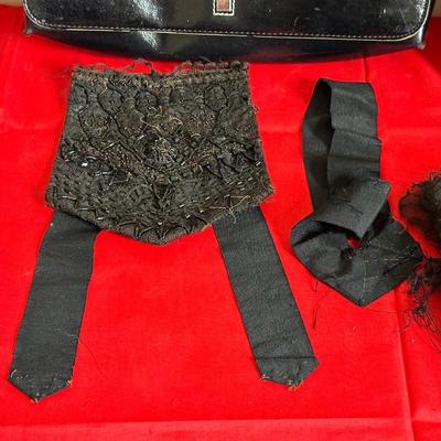 BLACK LACE SHAWL, MONDANI CLUTCH PURSE, HAND FAN, VELVET PILLOW & ANTIQUE COLLAR FRONT BEADED
