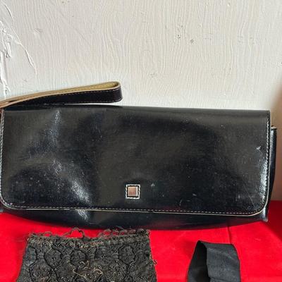 BLACK LACE SHAWL, MONDANI CLUTCH PURSE, HAND FAN, VELVET PILLOW & ANTIQUE COLLAR FRONT BEADED