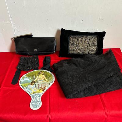 BLACK LACE SHAWL, MONDANI CLUTCH PURSE, HAND FAN, VELVET PILLOW & ANTIQUE COLLAR FRONT BEADED
