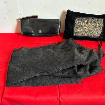 BLACK LACE SHAWL, MONDANI CLUTCH PURSE, HAND FAN, VELVET PILLOW & ANTIQUE COLLAR FRONT BEADED