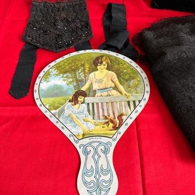 BLACK LACE SHAWL, MONDANI CLUTCH PURSE, HAND FAN, VELVET PILLOW & ANTIQUE COLLAR FRONT BEADED