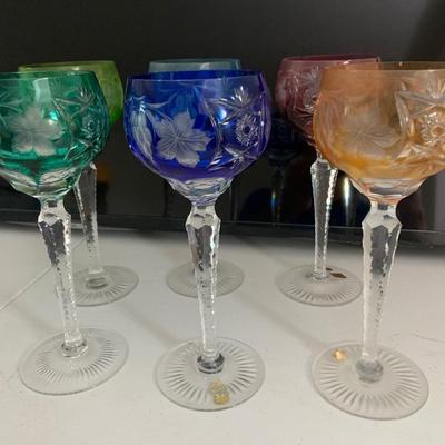 Set of Six Multi Color Nachtmann Cut To Clear Goblets