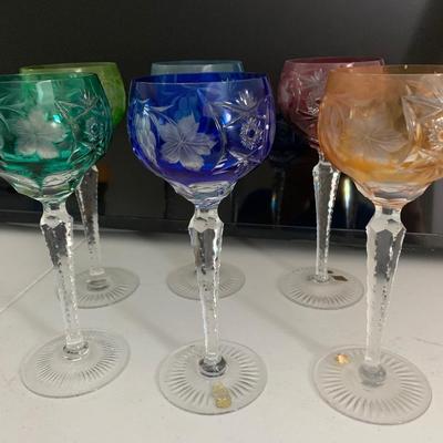 Set of Six Multi Color Nachtmann Cut To Clear Goblets