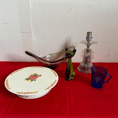 HAPPY BIRTHDAY ROTATING PLATE, ANTIQUE GLASS LAMP, SHIRLEY TEMPLE CUP AND MORE