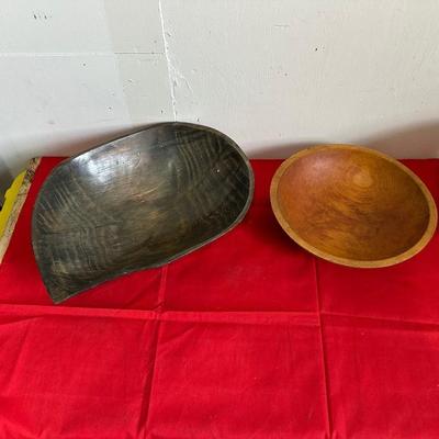 2 WOODEN BOWLS, BRASS SPITTOON, WOODEN CRATE AND CAST IRON SOAP DISH
