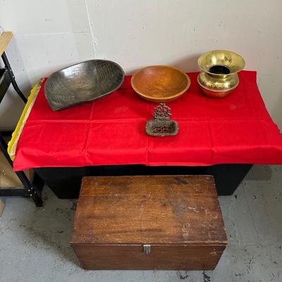 2 WOODEN BOWLS, BRASS SPITTOON, WOODEN CRATE AND CAST IRON SOAP DISH