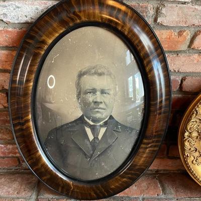 Antique Convex Bubble Glass Framed Photos in Gold Wood Tinted Frame and Marbled Wood Frame