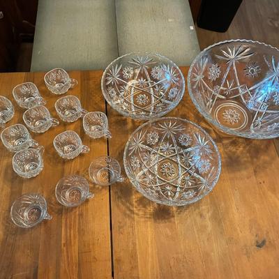 Vintage Williamport Hazel Ware Crystal Punch Glasses and Set of 3 Vintage Anchor Hocking Clear Bowl Sets