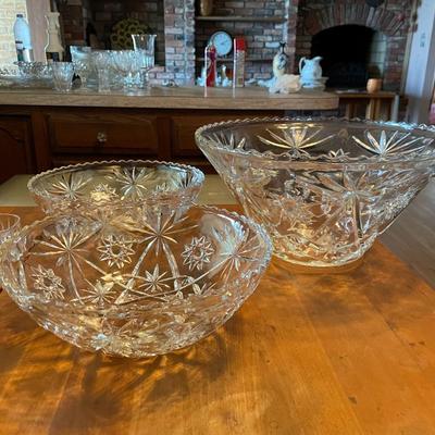 Vintage Williamport Hazel Ware Crystal Punch Glasses and Set of 3 Vintage Anchor Hocking Clear Bowl Sets