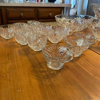 Vintage Williamport Hazel Ware Crystal Punch Glasses and Set of 3 Vintage Anchor Hocking Clear Bowl Sets