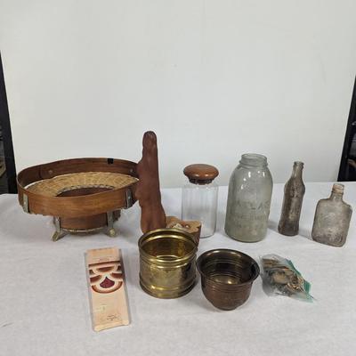 Assortment Of Misc Items Antique Bottle Cypress Wood