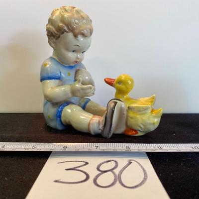 Vintage Ceramic Boy Playing With Duck