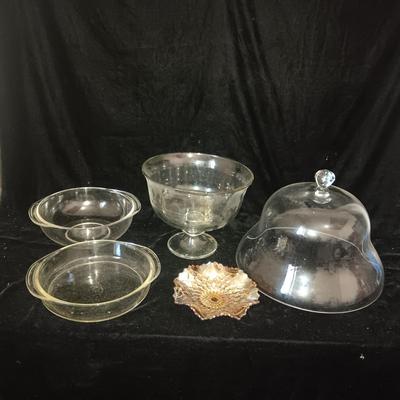 LARGE GLASS BOWL ON PEDESTAL, GLASS COVER, 2 BAKING DISHES