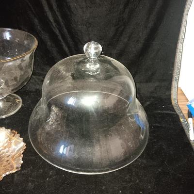 LARGE GLASS BOWL ON PEDESTAL, GLASS COVER, 2 BAKING DISHES