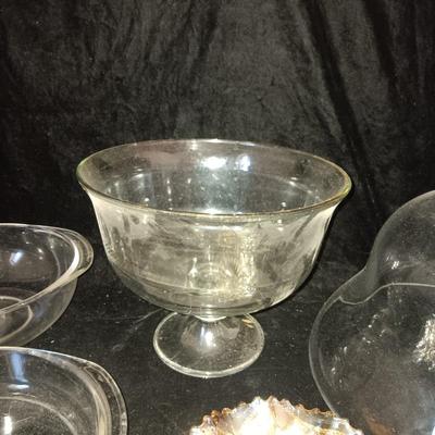 LARGE GLASS BOWL ON PEDESTAL, GLASS COVER, 2 BAKING DISHES