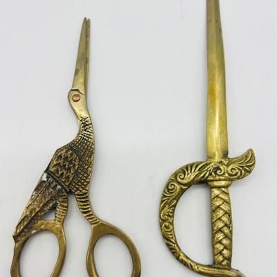 Vintage Brass Stork Scissors & Sword Letter Opener