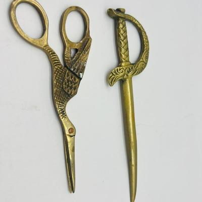 Vintage Brass Stork Scissors & Sword Letter Opener