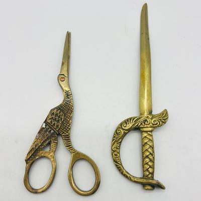 Vintage Brass Stork Scissors & Sword Letter Opener
