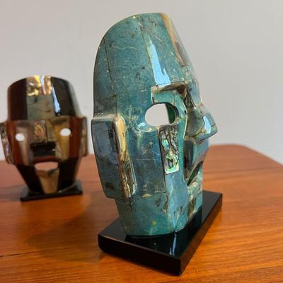 2 Vintage Mayan Tribal Burial Death Masks - Mother of Pearl