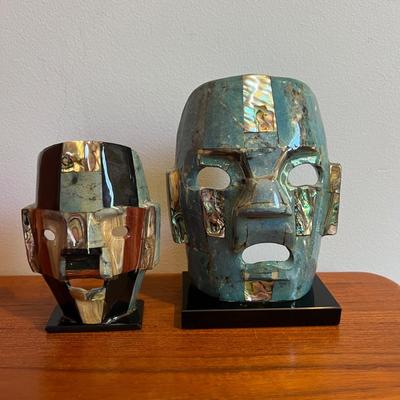 2 Vintage Mayan Tribal Burial Death Masks - Mother of Pearl