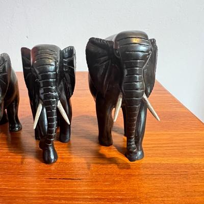 4 Vintage Carved Wood Elephants Sculptures