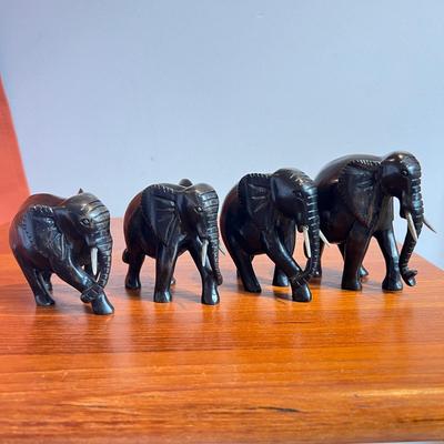 4 Vintage Carved Wood Elephants Sculptures