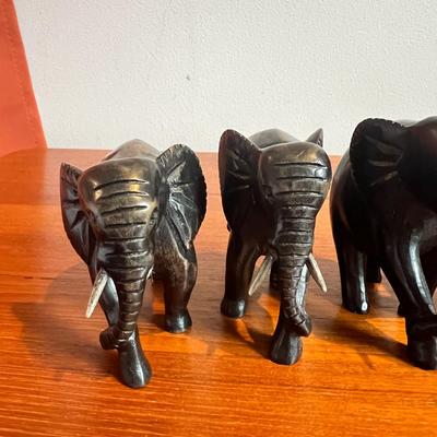 4 Vintage Carved Wood Elephants Sculptures