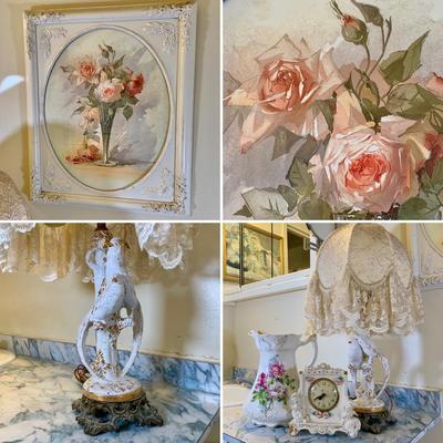 LOT 2 L: Marbro Lamp Co. Italian Porcelain Pheasant Lamp w/ Lace Lampshade, Lanshire Porcelain Self Starting Cherub & Rose Mantel Clock,...
