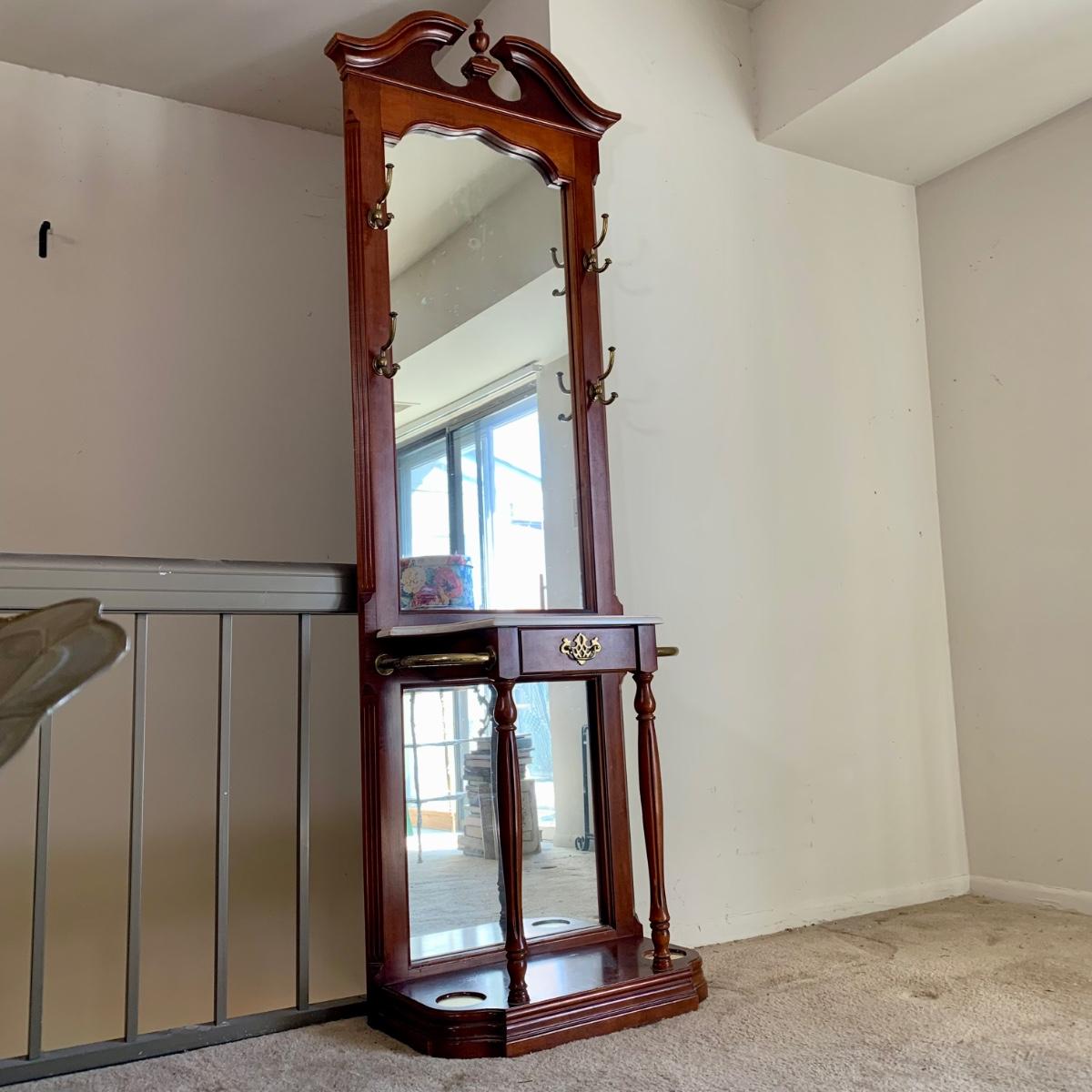 LOT 10 L Pulaski Furniture Co. Mirrored Hall Tree w/ Marble Table Top