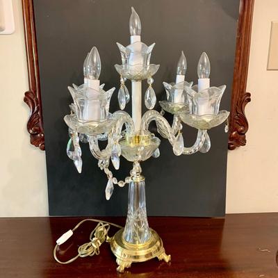 LOT 29 L: Vintage Pair of Etched Glass Hurricane Lamps w/ Hanging Prisms & Chandelier Style Candle Stick Cut Crystal 4 Armed Table Lamp...