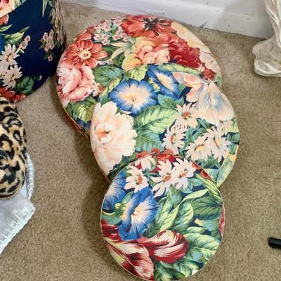 LOT 39 L: Comfy Collection: Round Floral Ottoman & Stacking Boxes, Throw Blankets (some NWT), & Accent Pillows