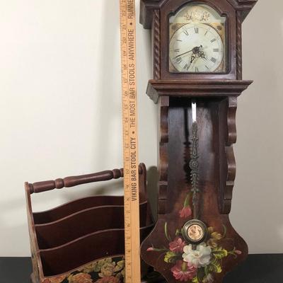 LOT 41L: Vintage Painted Floral Wooden Wall Clock w/ Floral Wooden Desk Organizer