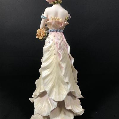 LOT 43L: Fancy Lady Figurines - 2002 Vanmark Enchanted Gardens 'Felicia,' Porcelain Doll Music Box & CTF Lady w/ Ruffled Dress on Couch